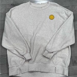 Aerie Gray Crewneck Distressed Sweater, Yellow Smiley Face Patch, Size Small
